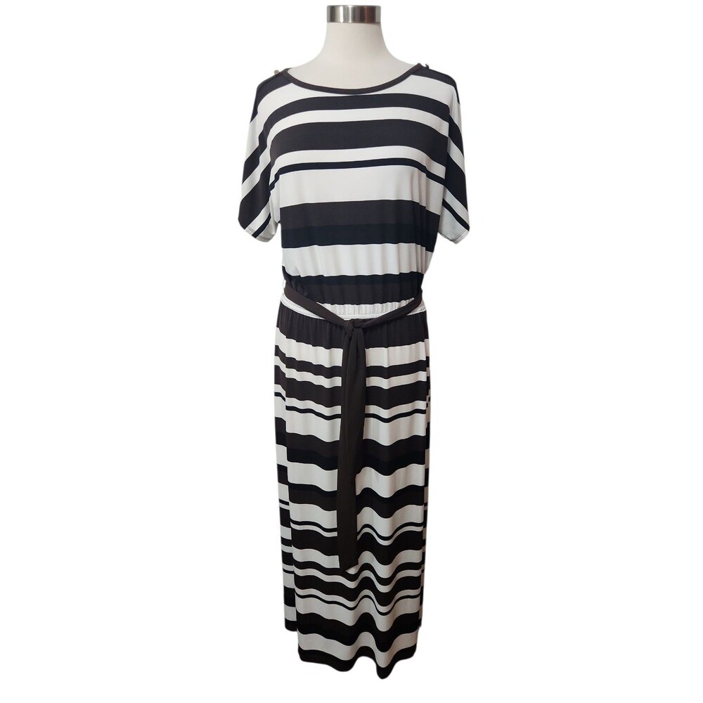 Chico’s Maxi Dress Womens Size 2 Stripe Pullover Stretch Slit Sleeve Large
